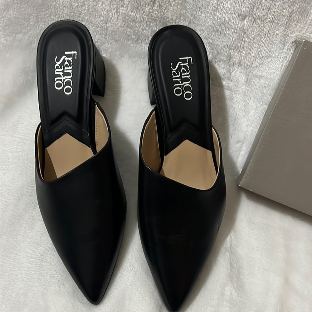 Franco Sarto Black Pointed-Toe Mules with Cut-Out Design